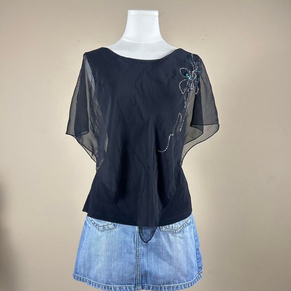 Black Rhinestone Fairy Whimsigoth Flowy Silky Blouse